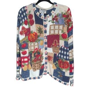 Vintage Y2K Fall Harvest Pumpkin Basket Patchwork Knit Cardigan Farmhouse XL